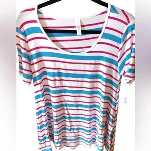 Lularoe XS‎ white , pink, turquoise stripe Perfect T. NWT. Stretchy rayon jersey